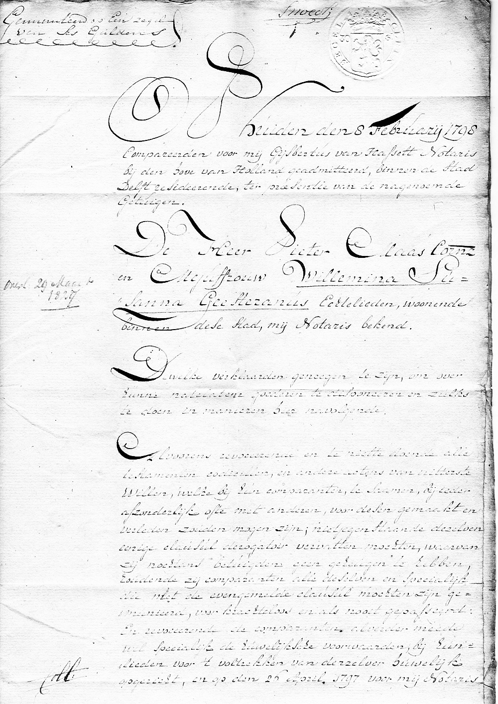 Testament van Pieter Maas Czn en Willemina Suzanna Geesteranus (1798-02-08)